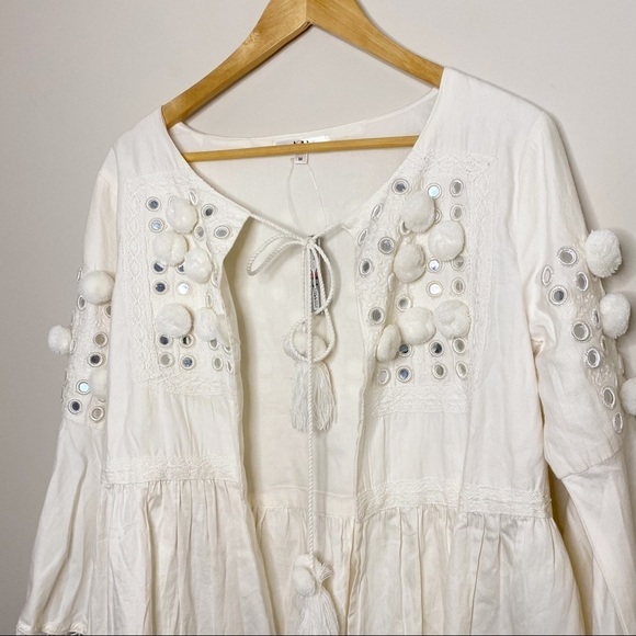 NEW Artisan Boho Tunic Top Mirror Pom Pom Work - M - Picture 2 of 6